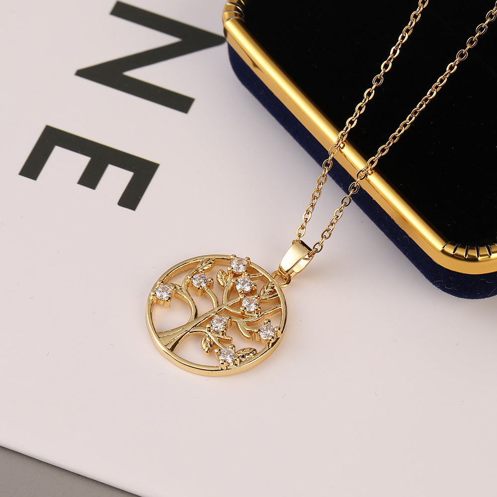 Wholesale Micropaved Zircon Tree of Life Hollow Pendant Necklaces